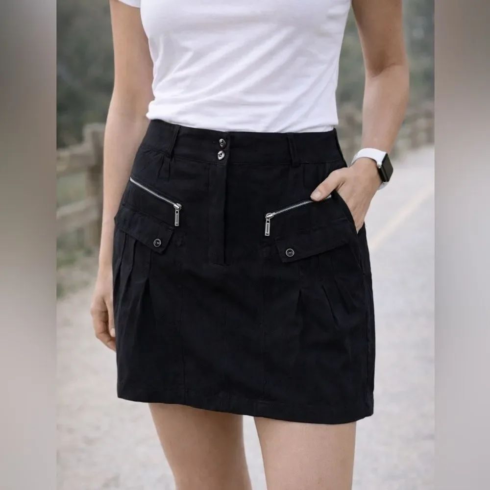 Jamie Sadock Black Mini Skirt Size 8 Zip Pockets Stretch